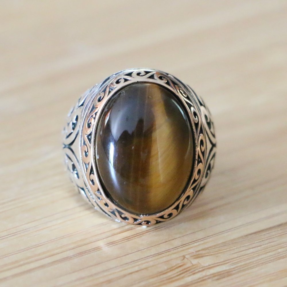 925 Sterling Silver Men's Ring with Tiger Eye -Super Elegant - Picture 4 of 10